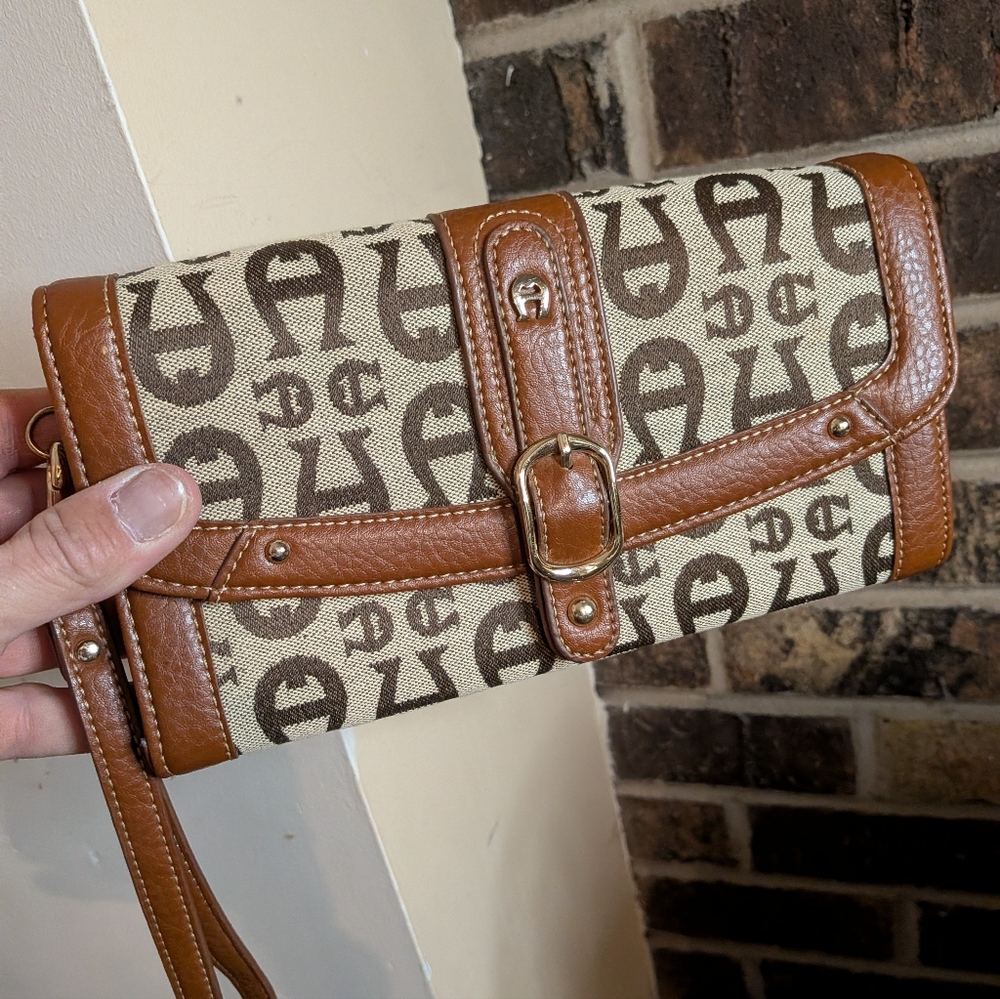 Etienne Aigner Brown and‎ Cream Logo Clutch
